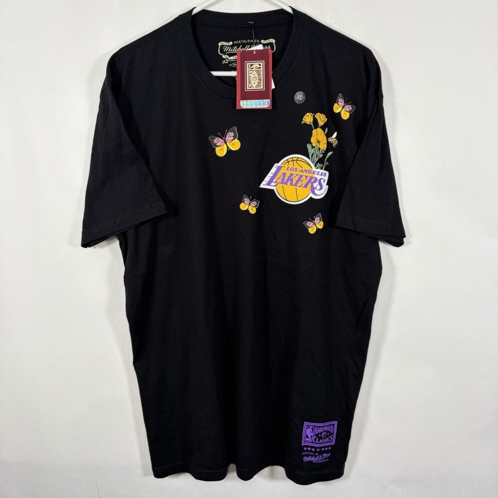 Los Angeles Lakers Mitchell & Ness T Shirt Mens XL Black Yellow Butterflies NWT